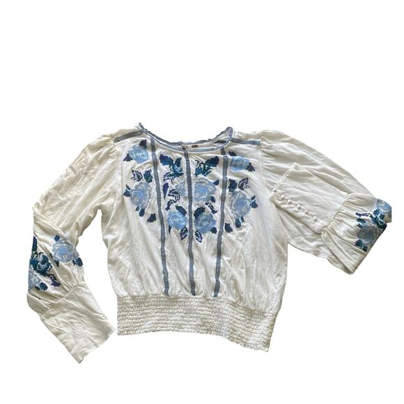 Free People B Cropped Smocked Long Sleeve Romantic Buttons Down Sleeve Blouse XL - Picture 1 of 7